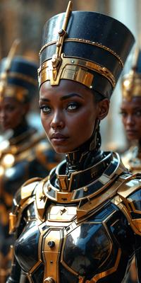 The primary subject of the image is a woman wearing a gold and black outfit, with a gold headdress. She is the main focus of the scene. The setting is a room with other women in the background, possibly in a group or a performance. The visual style is a combination of photo and digital art, creating a unique and eye-catching image. The colors and mood are rich and luxurious, with the gold and black outfit and headdress adding a sense of elegance and sophistication to the scene.